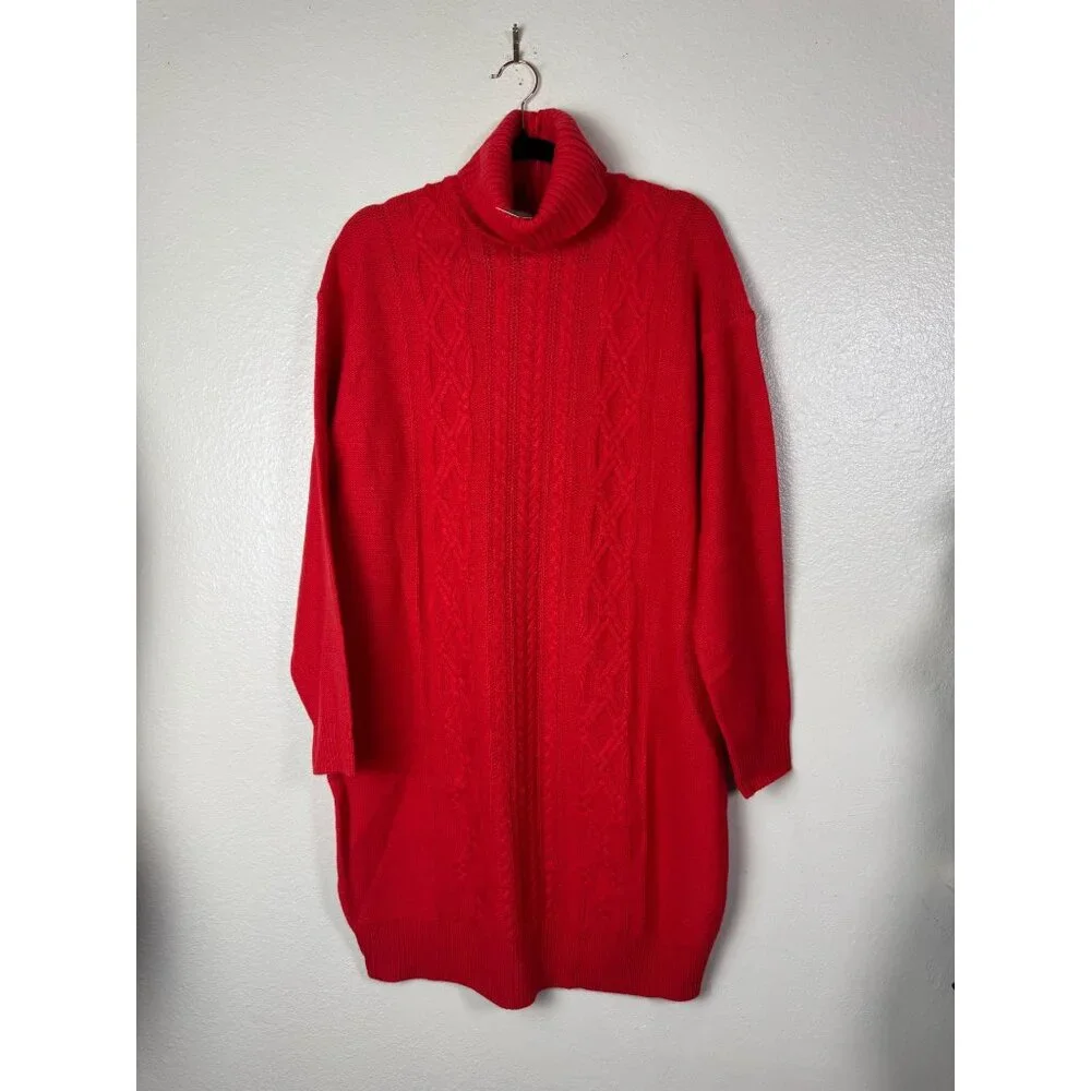 NEW J.Crew Red Cable Knit Turtleneck Sweater Dress Size Large Wool Blend Holiday